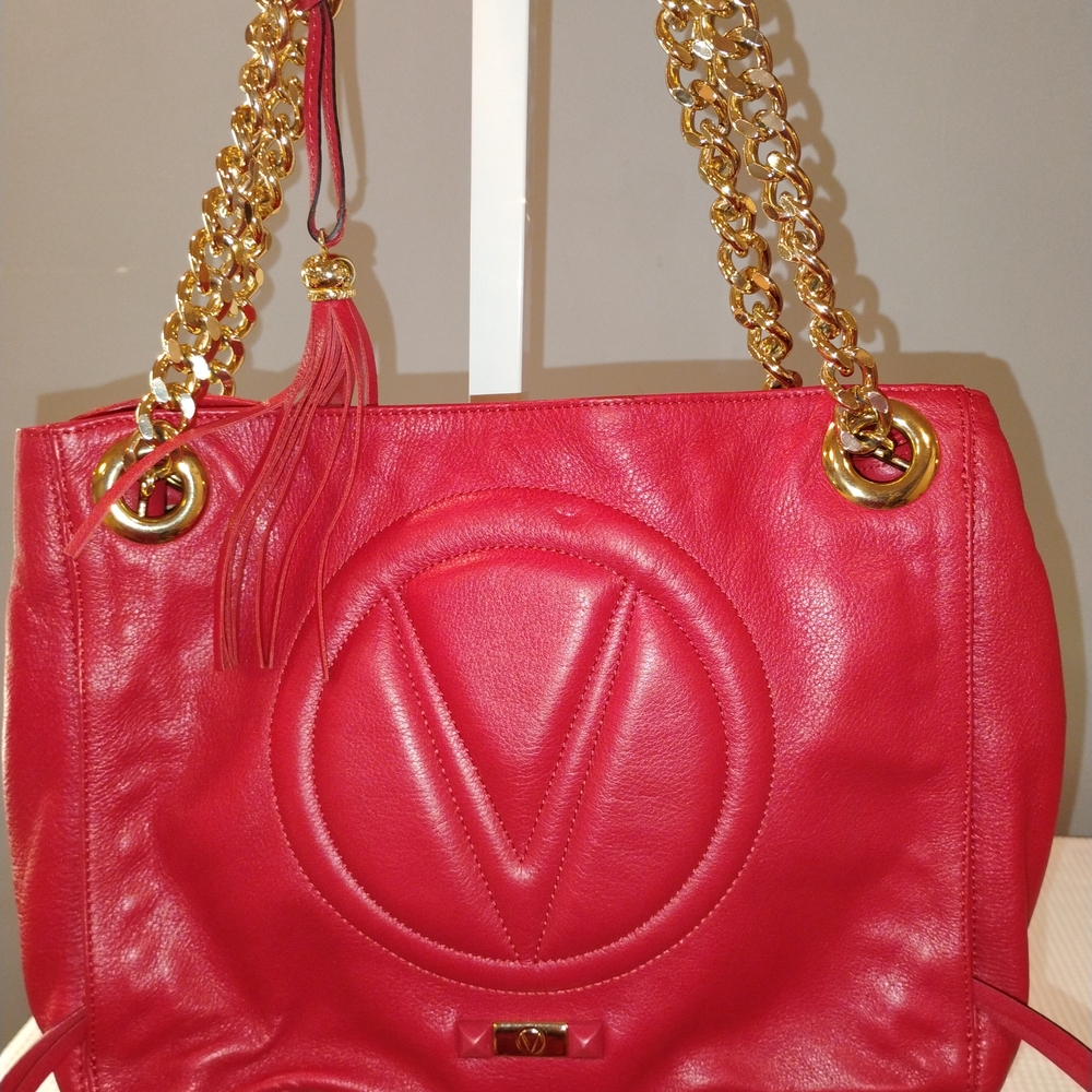 Mario Valentino Red Leather Shoulder Bag with Gold Chain